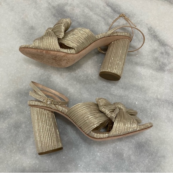 LOEFFLER RANDALL Camellia Platinum Gold Pleated Knot Bow Sandals - Picture 3 of 10